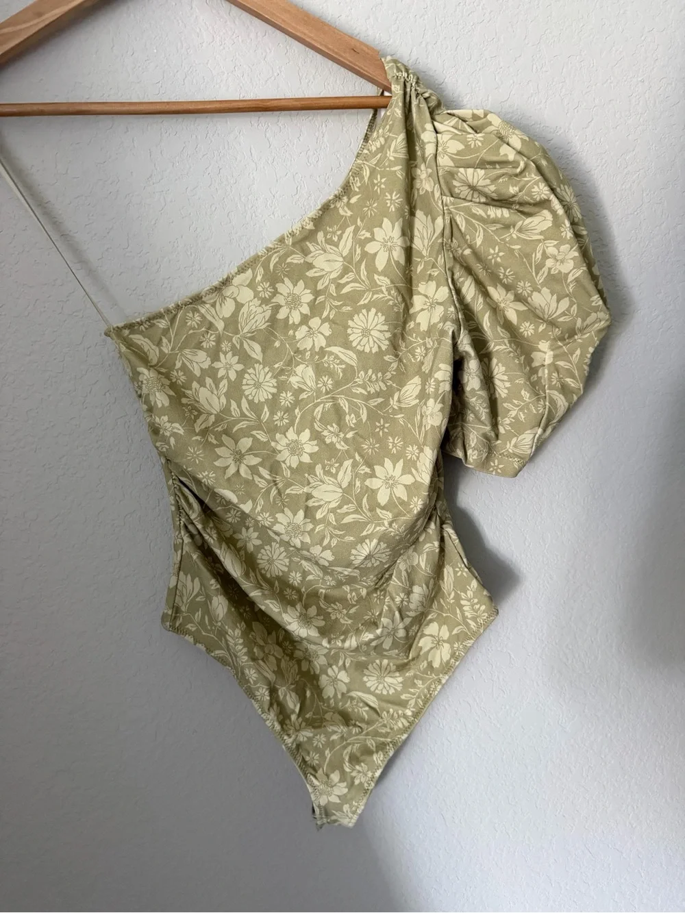 Free People One-Shoulder Puff Sleeve Bodysuit in Olive Floral
